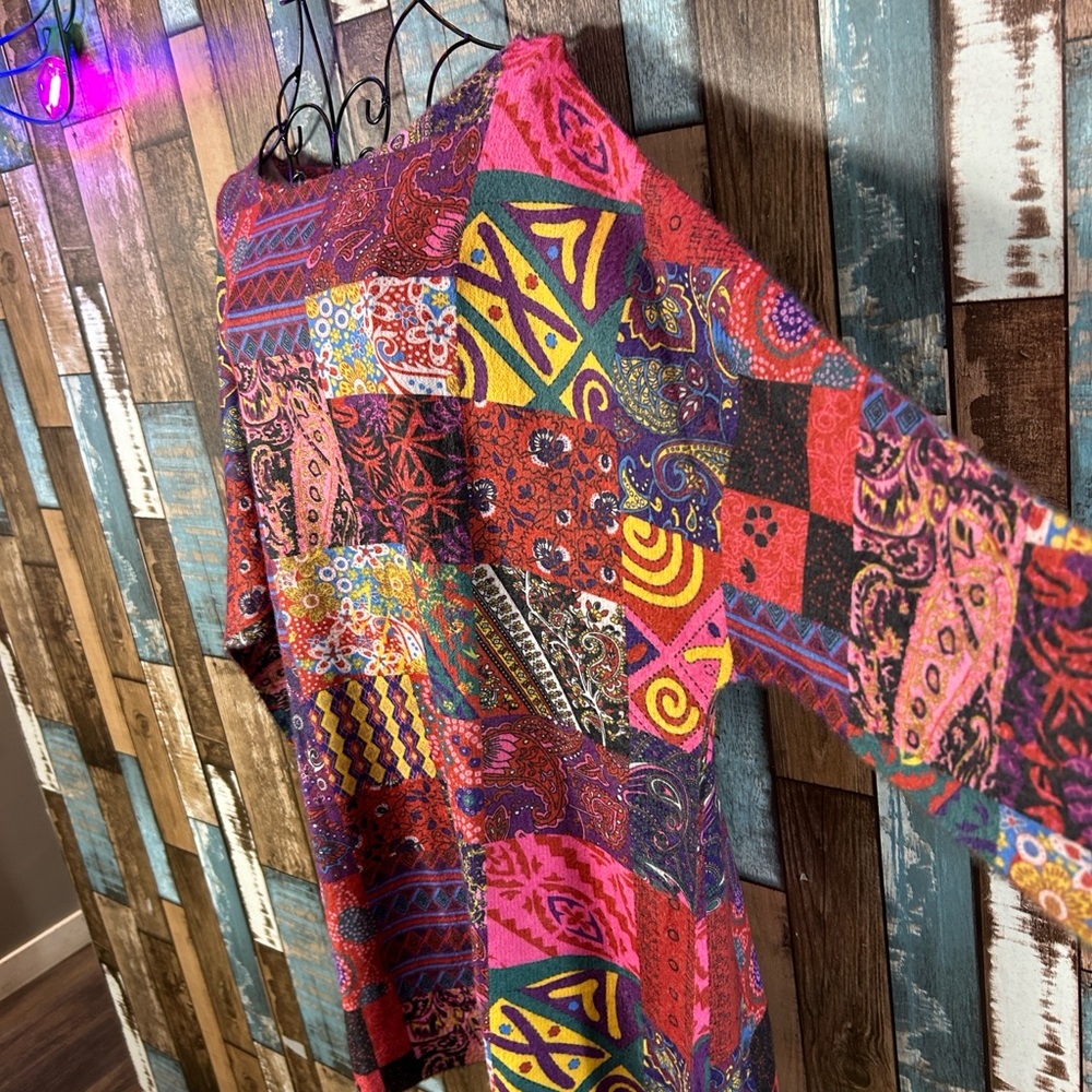 Bohemian artsy Colorful Patchwork Long Sleeve fuzzy Top - Picture 4 of 16